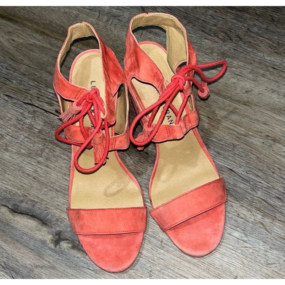 Lucky Brand Uzelia Coral Red Suede Ghillie Lace Up Caged Sandal Heels Size 8 - Picture 2 of 6